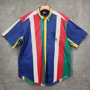 Vintage Tommy Hilfiger Large Striped Short Sleeve Button Down Shirt Colorful 90s